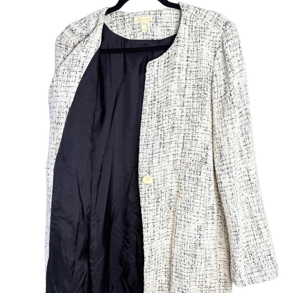 Eileen Fisher | Natural White Bouclé Long Collarless Coat Minimalist Parisian XL - Picture 4 of 8